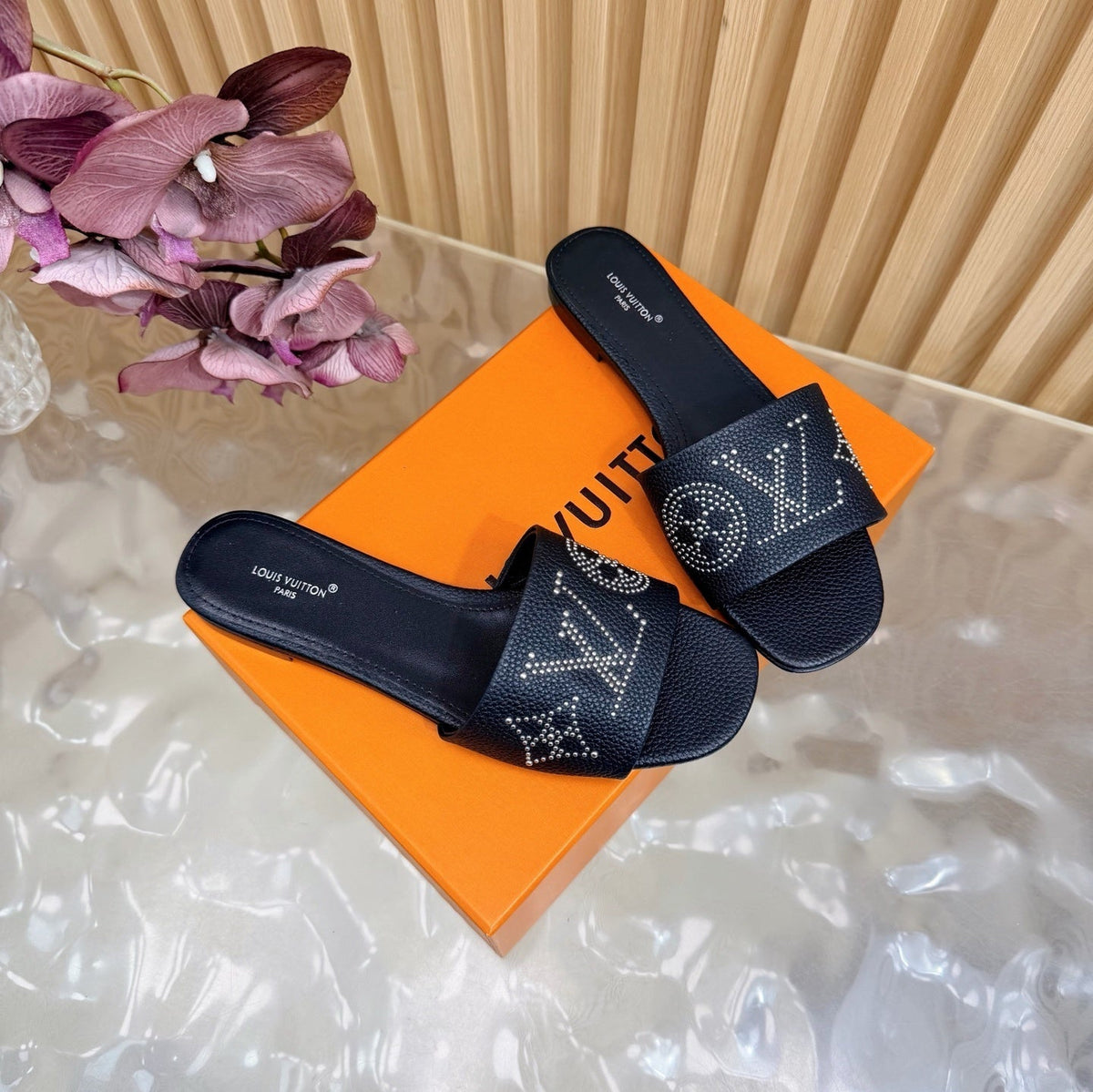 BLACK MONOGRAM STUDDED DESIGNER SLIDES