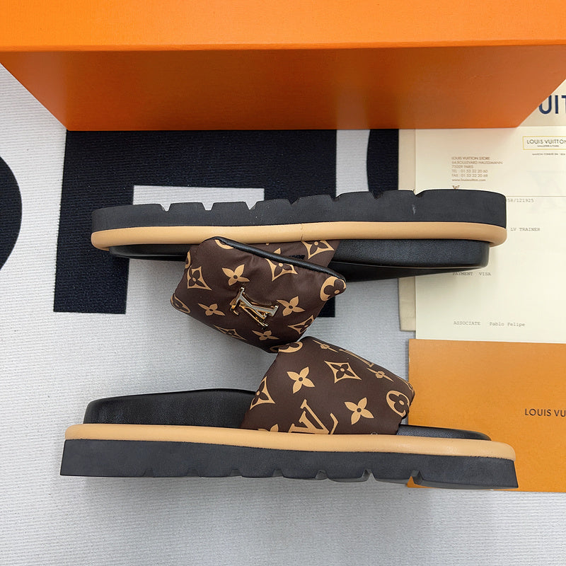 MONOGRAM PUFF STRAP PLATFORM SLIDE SANDALS