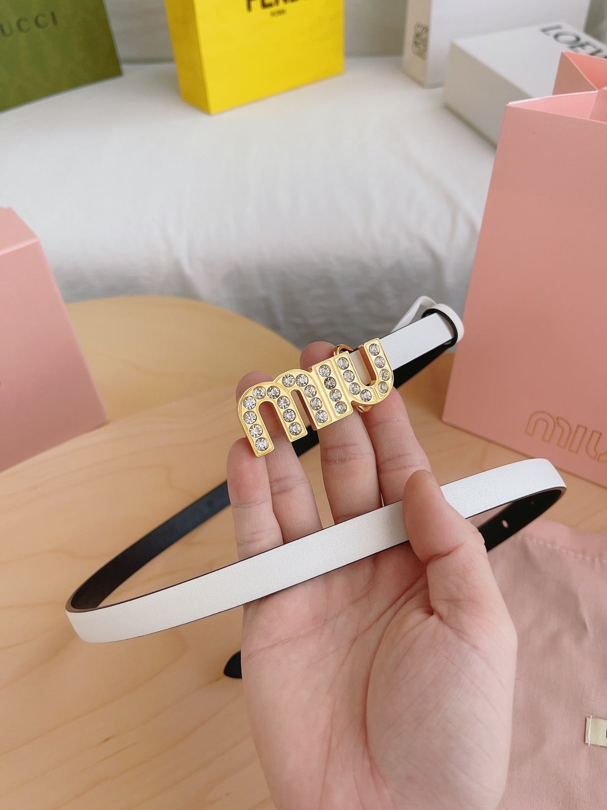 WHITE LEATHER BELT WITH CRYSTAL LETTER BUCKLE