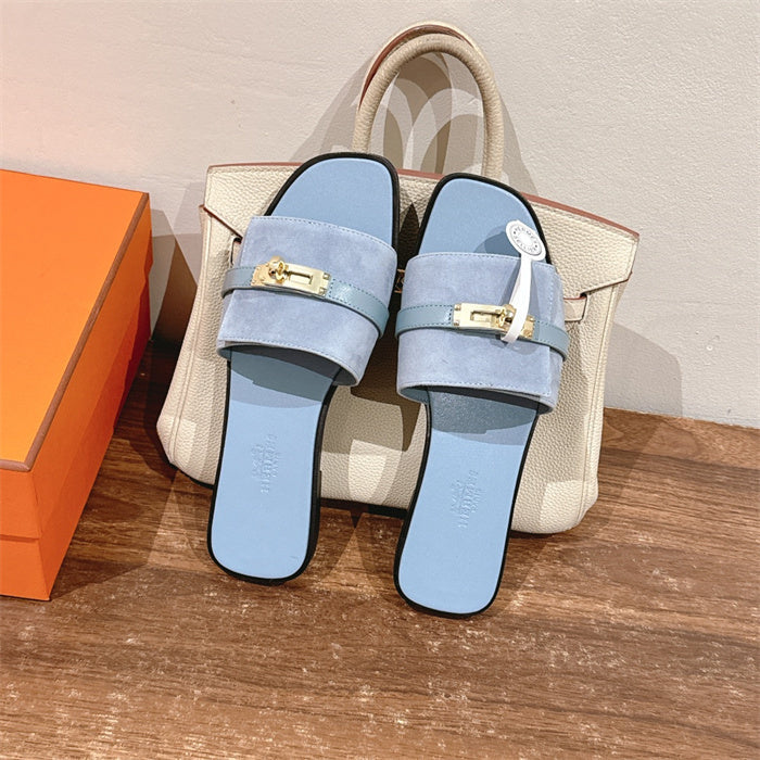 SKY BLUE SUEDE BUCKLE SLIDE SANDALS