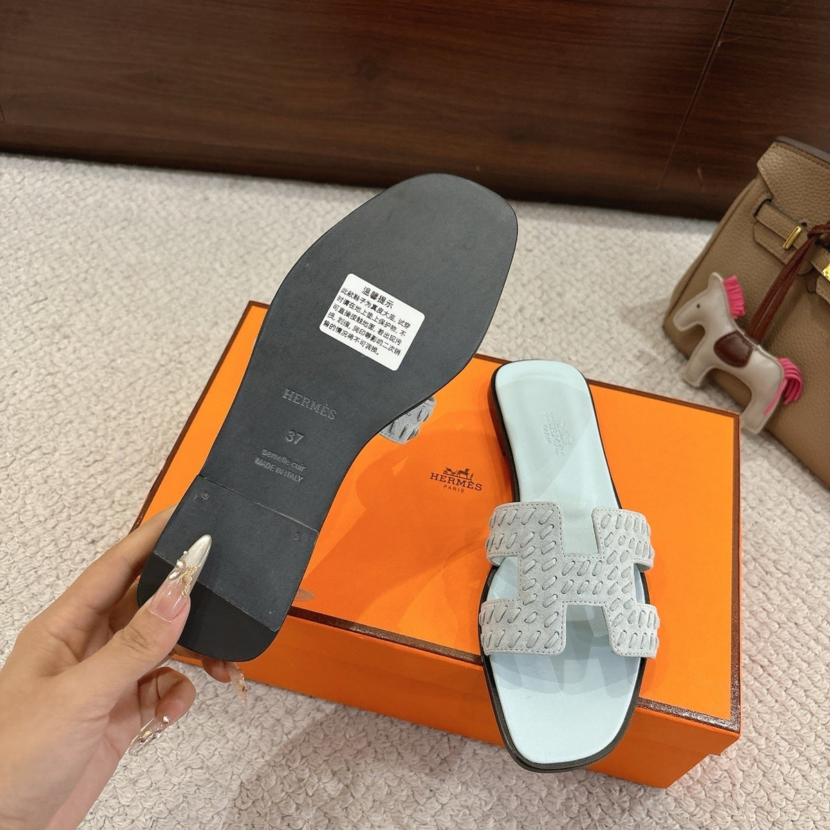 PASTEL BLUE SUEDE SLIDE SANDALS