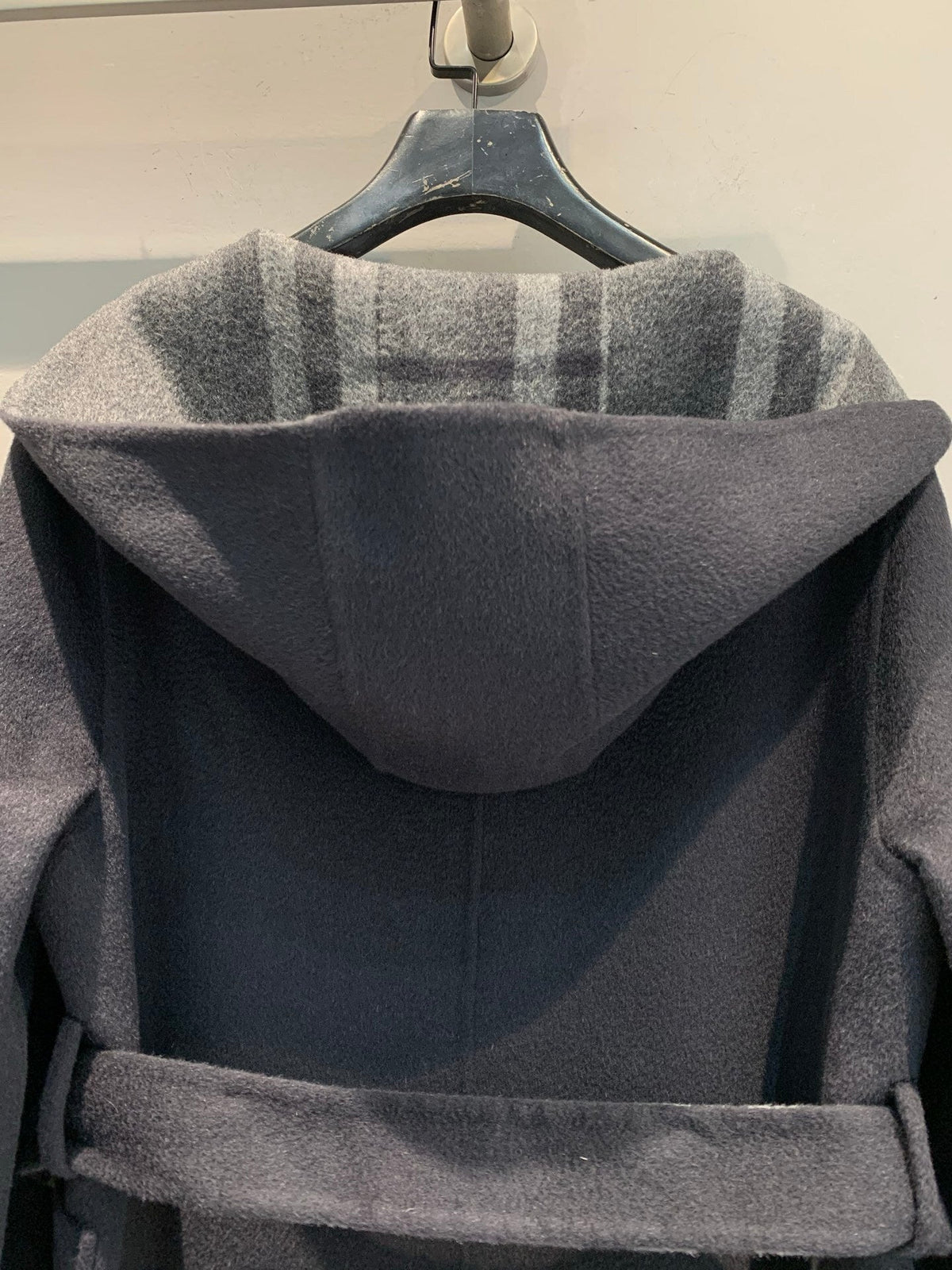 CHECK PANEL BELTED HOODED COAT