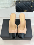 BEIGE SUEDE & BLACK PATENT CAP-TOE MULE HEELS