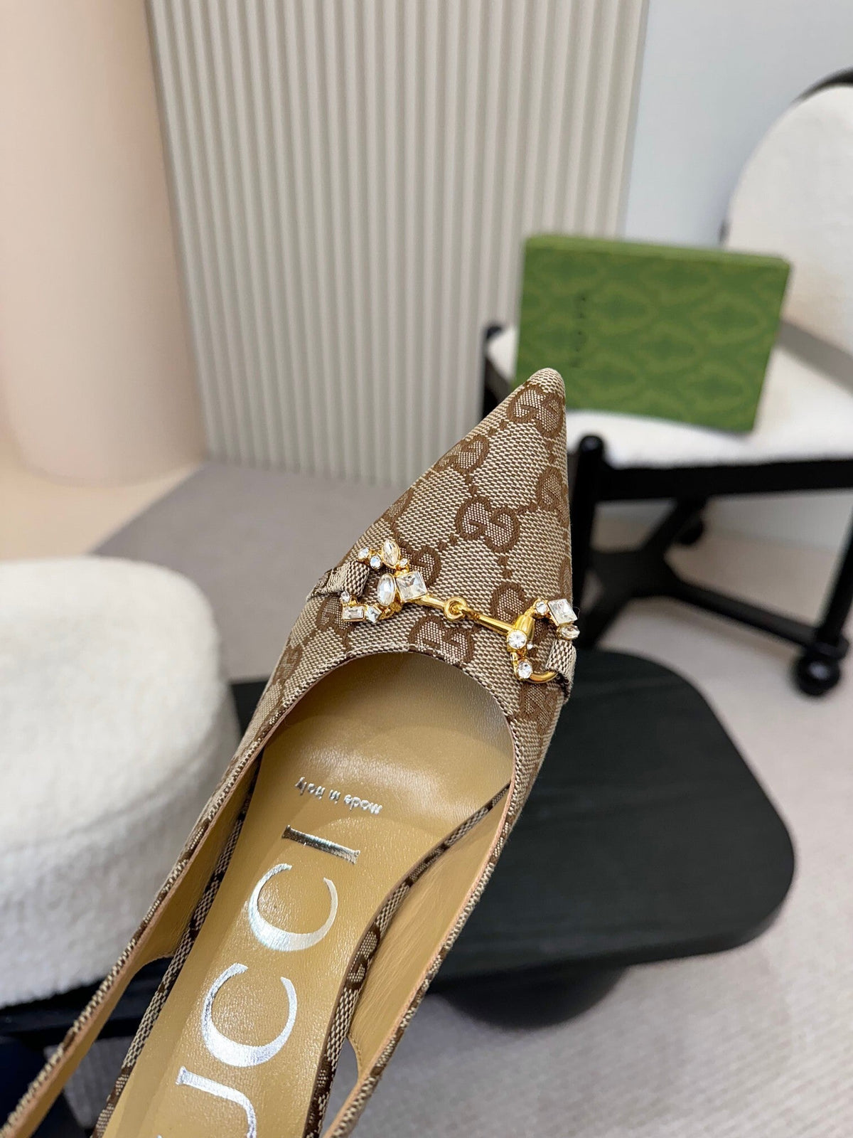 MONOGRAM SLINGBACK HEELS WITH CRYSTAL EMBELLISHED DETAIL