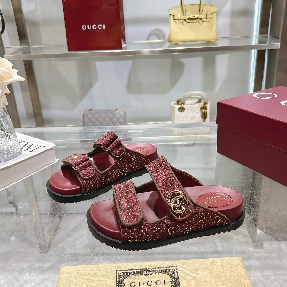 RED STUDDED DOUBLE-STRAP SLIDES