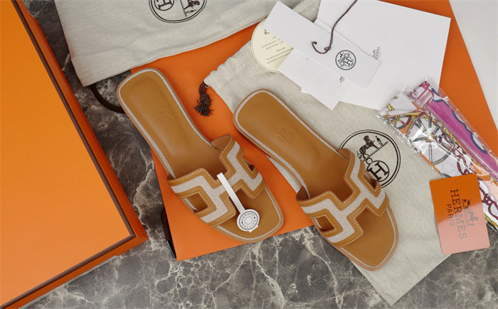 TAN CONTRAST STITCH H-CUT SLIDE SANDALS