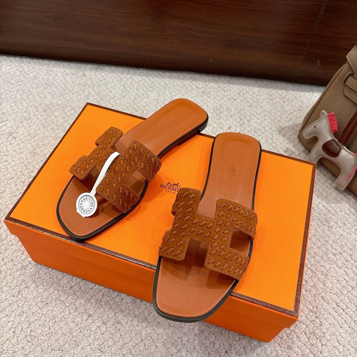 TAN SUEDE SLIDE SANDALS