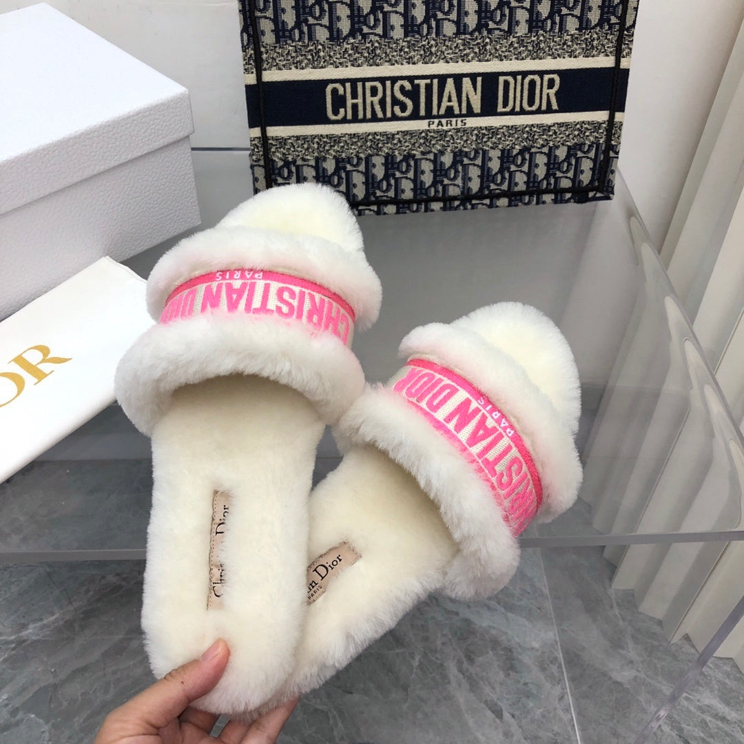 FUR TRIM LOGO STRAP SLIDE SANDALS