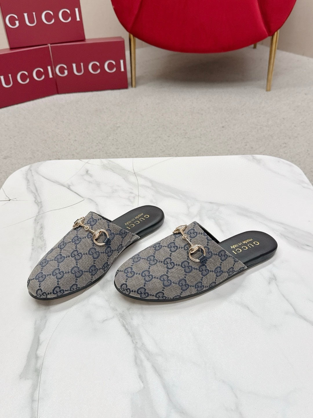 CANVAS MULE LOAFERS WITH GOLD HORSEBIT DETAIL