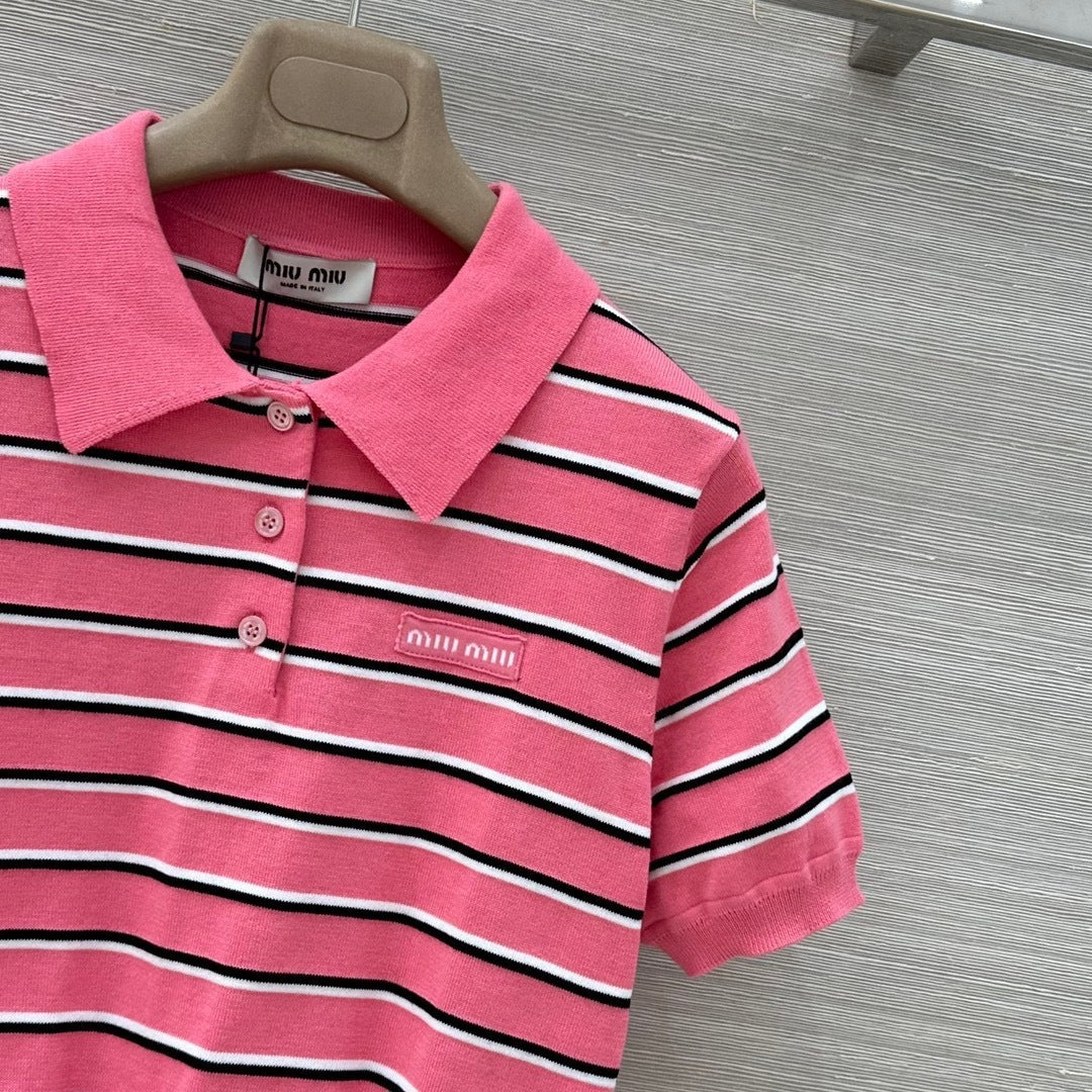 STRIPED KNIT POLO TOP