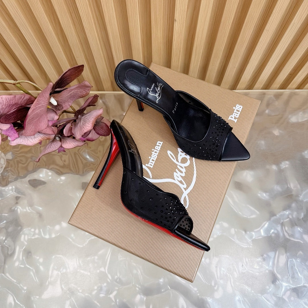 BLACK RHINESTONE MULE HEELS