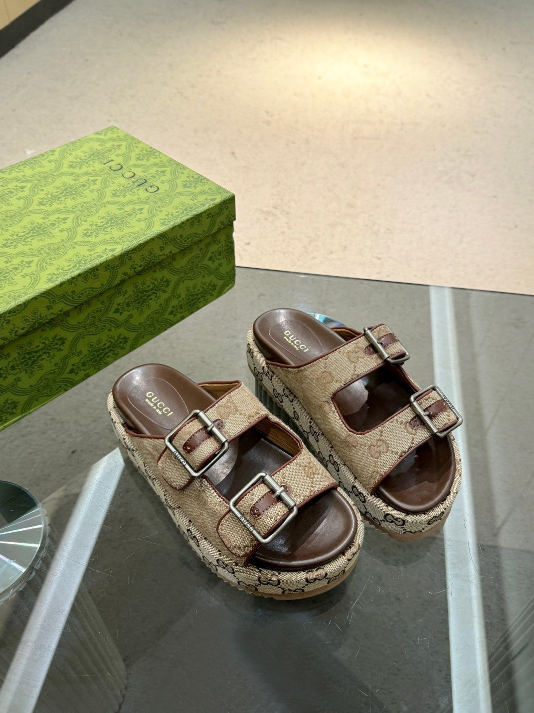 BEIGE MONOGRAM DOUBLE-STRAP PLATFORM SANDALS