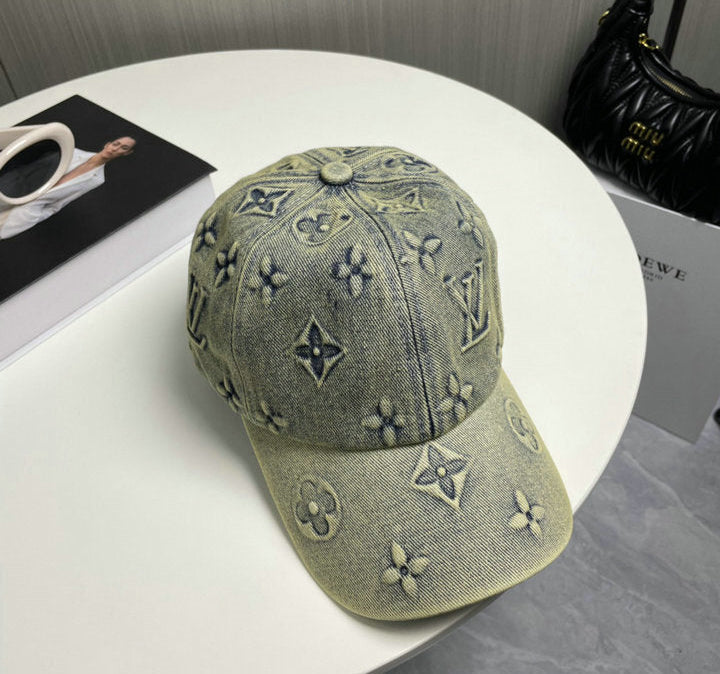 VINTAGE WASH DENIM BASEBALL CAP WITH EMBOSSED PATTERN
