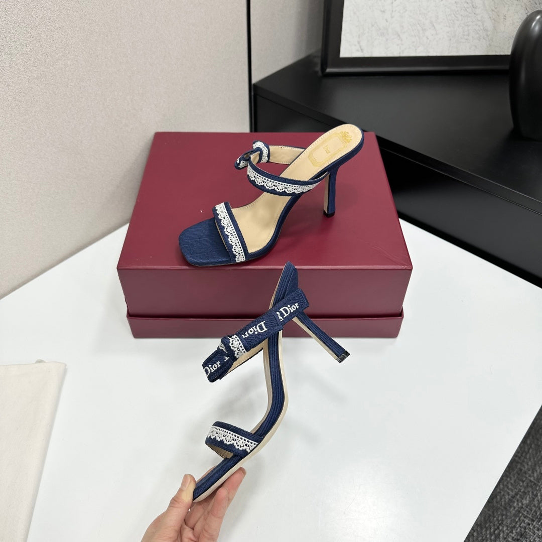 NAVY LACE TRIM LOGO STRAP HEEL SANDALS