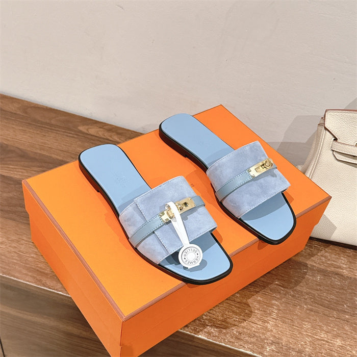 SKY BLUE SUEDE BUCKLE SLIDE SANDALS