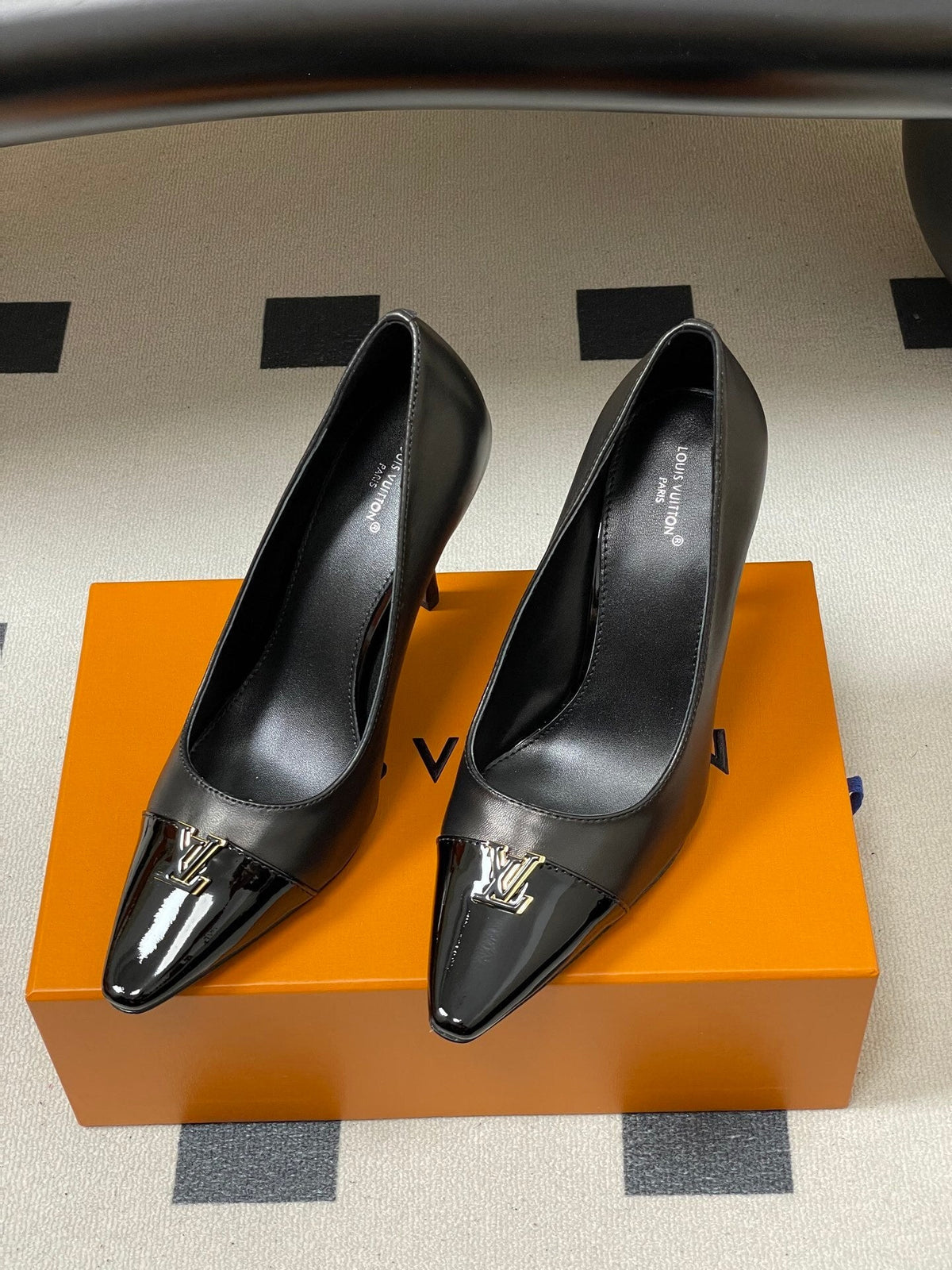 BLACK POINTED TOE LOGO STILETTO HEELS