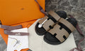 TWO-TONE H-STRAP LEATHER SLIDE SANDALS