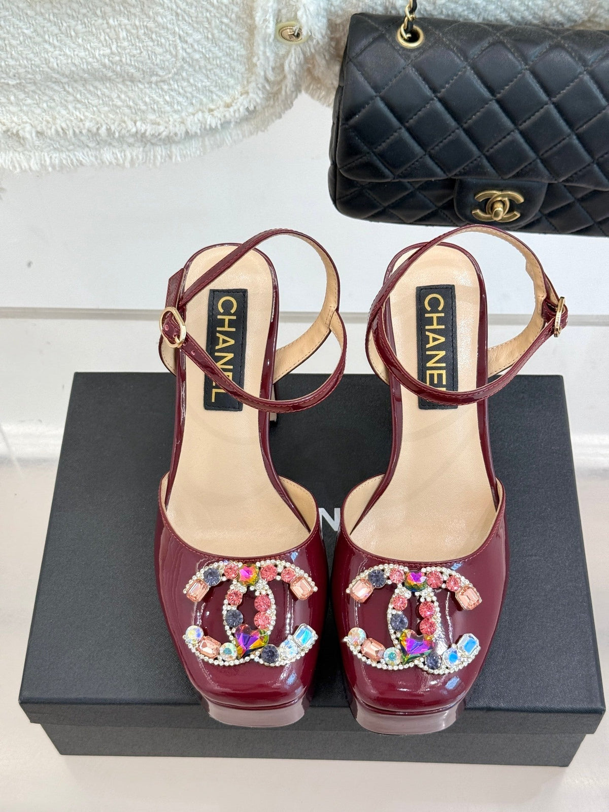 BURGUNDY PATENT PLATFORM CRYSTAL HEELS