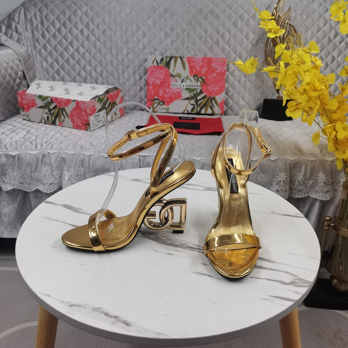 GOLD METALLIC STRAPPY HEEL SANDALS