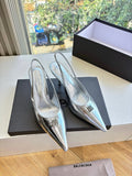 METALLIC SILVER POINTED-TOE SLINGBACK STILETTO HEELS