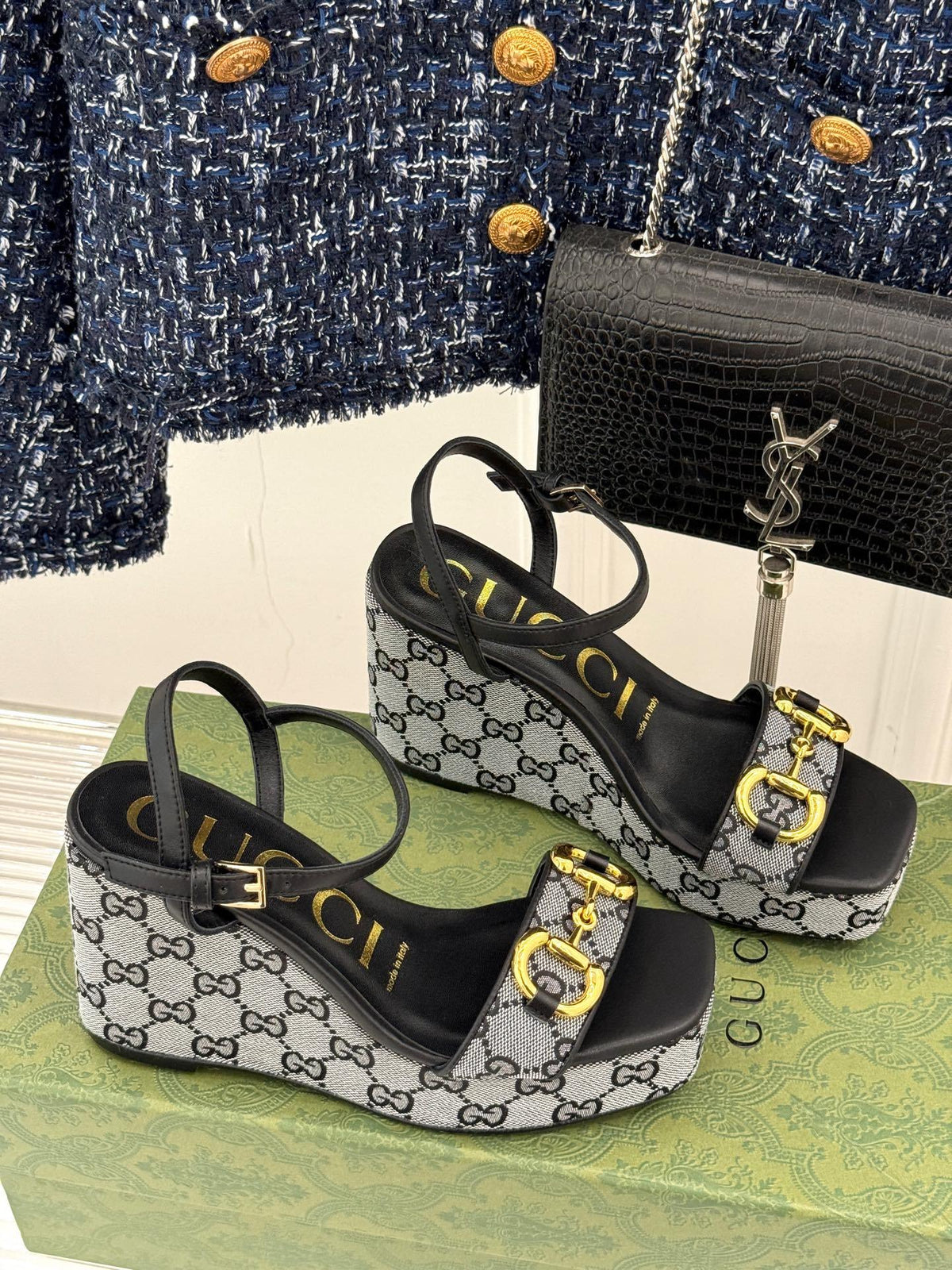 BLACK MONOGRAM PLATFORM WEDGE SANDALS