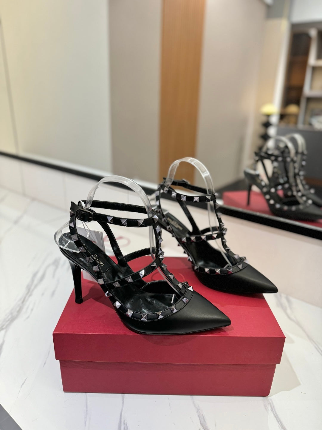 POINTED TOE STRAPPY HEELS – BLACK STUDDED DESIGN