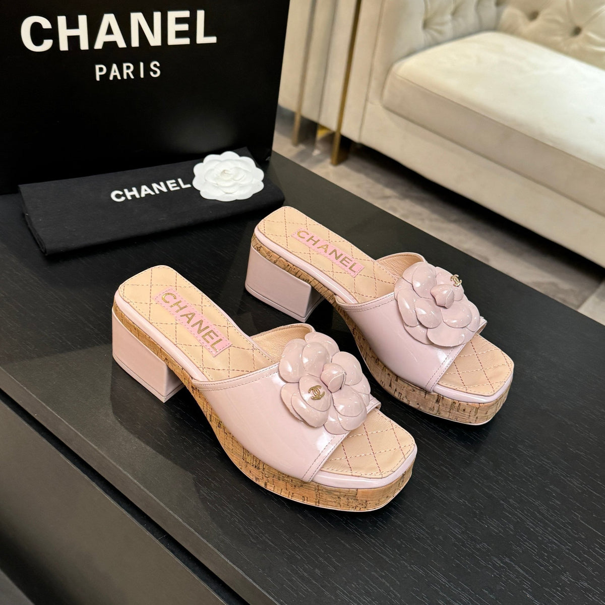 BLUSH QUILTED PLATFORM SLIDE SANDALS WITH CAMELLIA DETAIL