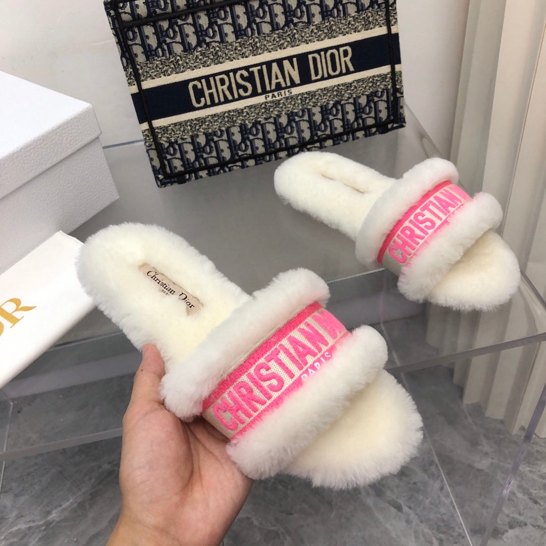 FUR TRIM LOGO STRAP SLIDE SANDALS