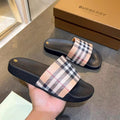 BEIGE CHECK PRINT SLIDE SANDALS