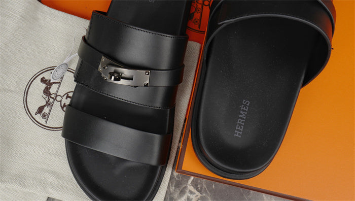 MINIMAL BUCKLE STRAP LEATHER SLIDE SANDALS