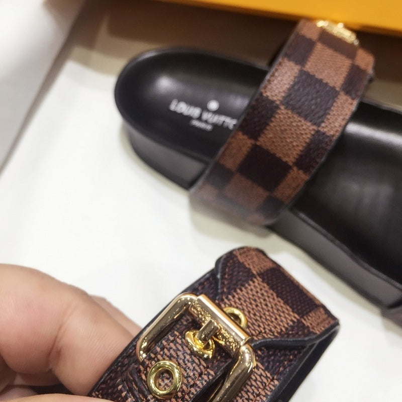BROWN CHECKERED DOUBLE STRAP DESIGNER SLIDES