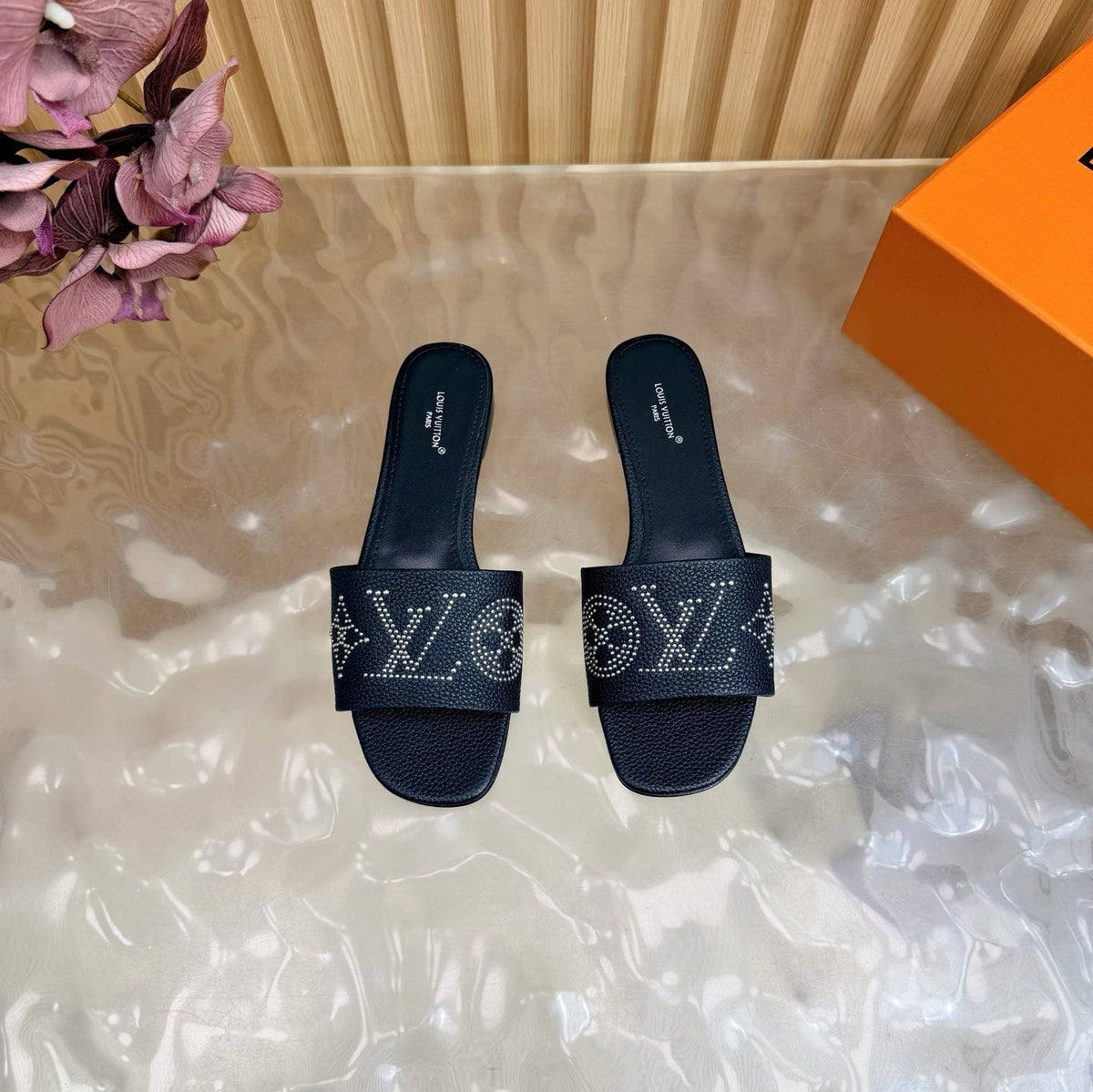 BLACK MONOGRAM STUDDED DESIGNER SLIDES