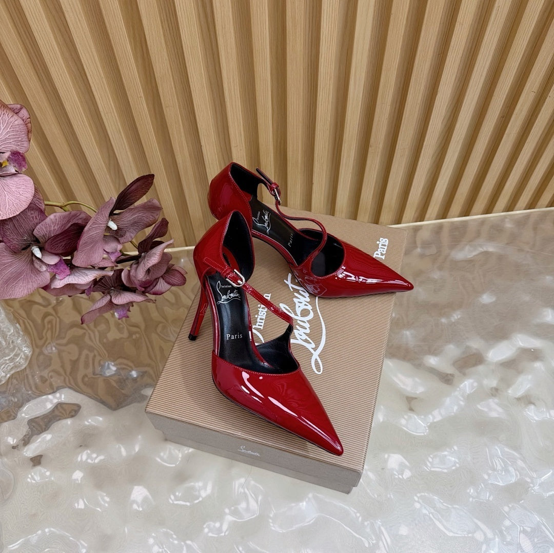 RED PATENT STRAP POINTED HEELS
