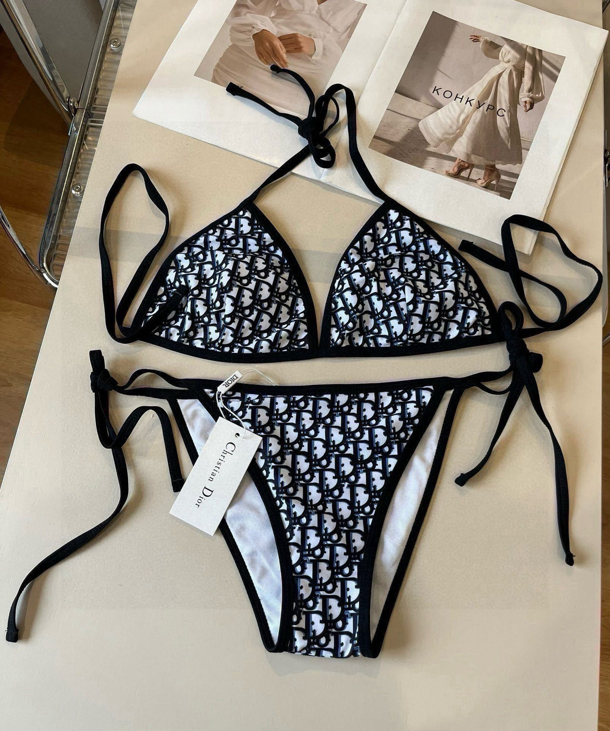 BLACK & WHITE MONOGRAM PRINT BIKINI SET