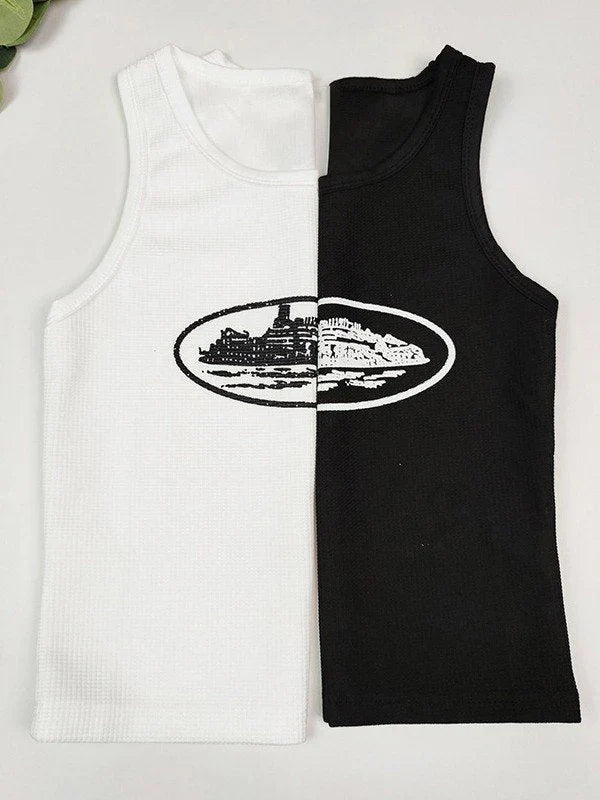 GRAPHIC WAFFLE KNIT HALTER CROP TANK