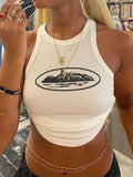 GRAPHIC WAFFLE KNIT HALTER CROP TANK